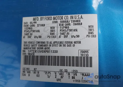 1999 Ford Ranger Xl/Xlt z USA, uszkodzony, nr VIN 1FTZR15V0XPB11320